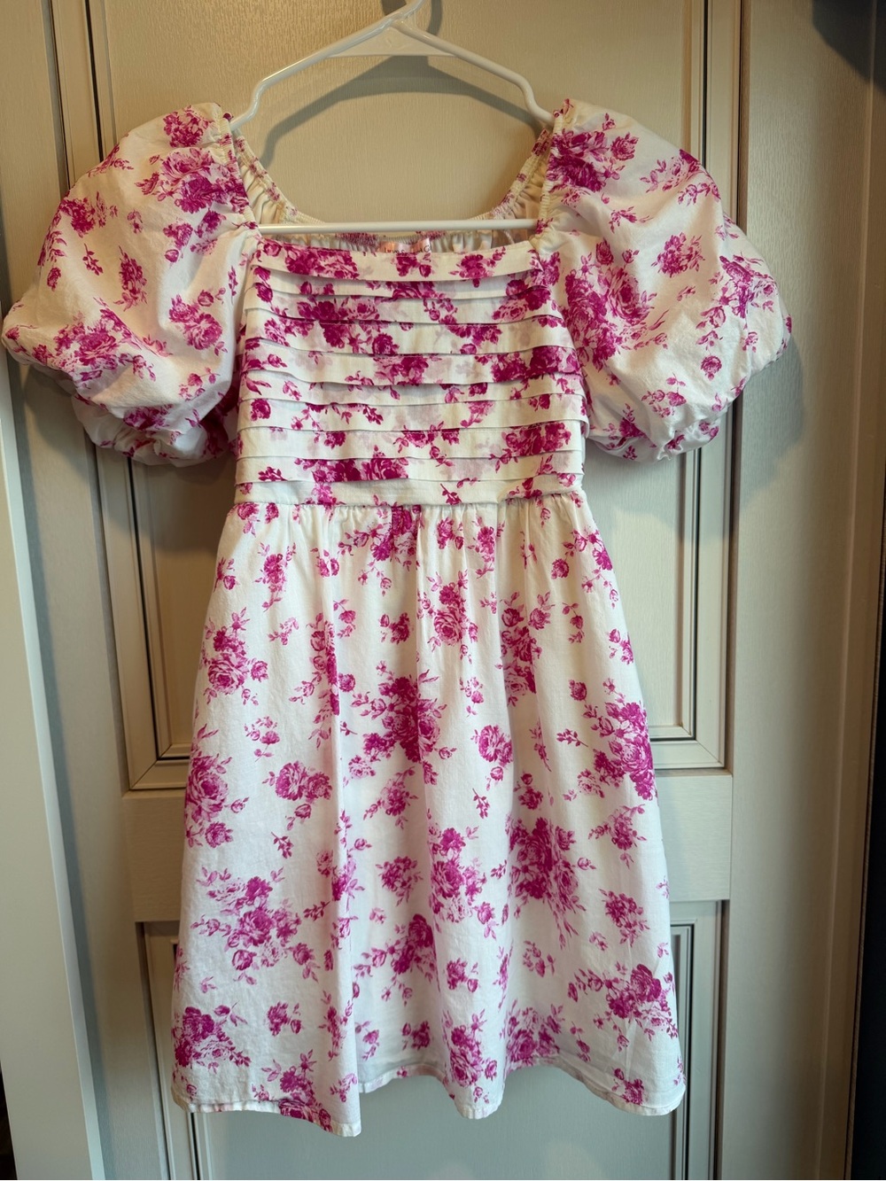 Love Squared White Dress with Pink Floral Print and Puff Sleeves